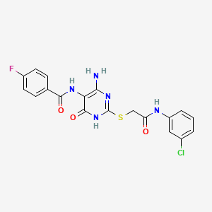 molecular formula C19H15ClFN5O3S B2788900 N-(4-amino-2-((2-((3-chlorophenyl)amino)-2-oxoethyl)thio)-6-oxo-1,6-dihydropyrimidin-5-yl)-4-fluorobenzamide CAS No. 888420-22-2