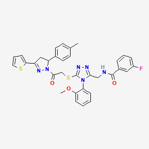 molecular formula C33H29FN6O3S2 B2788944 3-fluoro-N-((4-(2-methoxyphenyl)-5-((2-oxo-2-(3-(thiophen-2-yl)-5-(p-tolyl)-4,5-dihydro-1H-pyrazol-1-yl)ethyl)thio)-4H-1,2,4-triazol-3-yl)methyl)benzamide CAS No. 393574-11-3