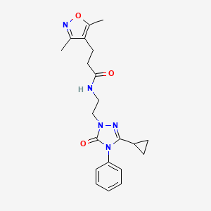 molecular formula C21H25N5O3 B2789129 N-(2-(3-cyclopropyl-5-oxo-4-phenyl-4,5-dihydro-1H-1,2,4-triazol-1-yl)ethyl)-3-(3,5-dimethylisoxazol-4-yl)propanamide CAS No. 1396750-93-8