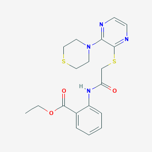 molecular formula C19H22N4O3S2 B2789324 ethyl 2-(2-{[3-(thiomorpholin-4-yl)pyrazin-2-yl]sulfanyl}acetamido)benzoate CAS No. 1030116-74-5