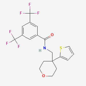 molecular formula C19H17F6NO2S B2789348 N-{[4-(thiophen-2-yl)oxan-4-yl]methyl}-3,5-bis(trifluoromethyl)benzamide CAS No. 1209726-74-8