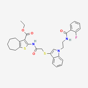 molecular formula C31H32FN3O4S2 B2789356 ethyl 2-(2-((1-(2-(2-fluorobenzamido)ethyl)-1H-indol-3-yl)thio)acetamido)-5,6,7,8-tetrahydro-4H-cyclohepta[b]thiophene-3-carboxylate CAS No. 532973-24-3