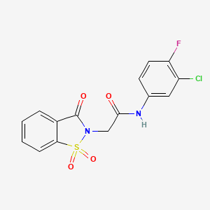 molecular formula C15H10ClFN2O4S B2789380 N-(3-chloro-4-fluorophenyl)-2-(1,1,3-trioxo-1,3-dihydro-2H-1,2-benzisothiazol-2-yl)acetamide CAS No. 485347-40-8