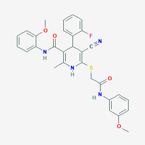 5-cyano-4-(2-fluorophenyl)-N-(2-methoxyphenyl)-6-((2-((3-methoxyphenyl)amino)-2-oxoethyl)thio)-2-methyl-1,4-dihydropyridine-3-carboxamide