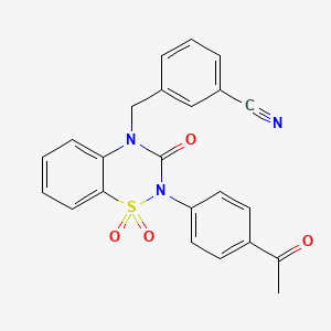 molecular formula C23H17N3O4S B2789443 3-((2-(4-acetylphenyl)-1,1-dioxido-3-oxo-2H-benzo[e][1,2,4]thiadiazin-4(3H)-yl)methyl)benzonitrile CAS No. 896685-31-7