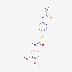 molecular formula C18H20N4O4S B2789652 N-(6-((2-((3,4-dimethoxyphenyl)amino)-2-oxoethyl)thio)pyridazin-3-yl)cyclopropanecarboxamide CAS No. 1021056-24-5