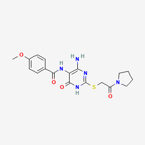 molecular formula C18H21N5O4S B2790103 N-(4-amino-6-oxo-2-((2-oxo-2-(pyrrolidin-1-yl)ethyl)thio)-1,6-dihydropyrimidin-5-yl)-4-methoxybenzamide CAS No. 888416-70-4
