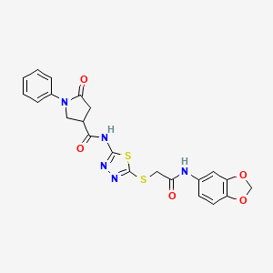 molecular formula C22H19N5O5S2 B2790200 N-(5-((2-(benzo[d][1,3]dioxol-5-ylamino)-2-oxoethyl)thio)-1,3,4-thiadiazol-2-yl)-5-oxo-1-phenylpyrrolidine-3-carboxamide CAS No. 872594-64-4