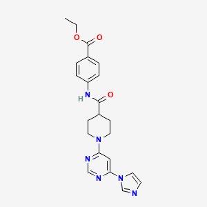 molecular formula C22H24N6O3 B2790242 ethyl 4-{1-[6-(1H-imidazol-1-yl)pyrimidin-4-yl]piperidine-4-amido}benzoate CAS No. 1351635-13-6