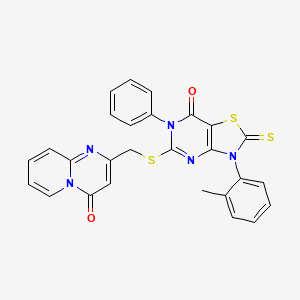 molecular formula C27H19N5O2S3 B2790641 3-(2-methylphenyl)-5-[({4-oxo-4H-pyrido[1,2-a]pyrimidin-2-yl}methyl)sulfanyl]-6-phenyl-2-sulfanylidene-2H,3H,6H,7H-[1,3]thiazolo[4,5-d]pyrimidin-7-one CAS No. 422524-81-0