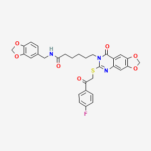 molecular formula C31H28FN3O7S B2790824 N-[(2H-1,3-benzodioxol-5-yl)methyl]-6-(6-{[2-(4-fluorophenyl)-2-oxoethyl]sulfanyl}-8-oxo-2H,7H,8H-[1,3]dioxolo[4,5-g]quinazolin-7-yl)hexanamide CAS No. 688061-20-3
