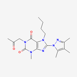 molecular formula C19H26N6O3 B2791047 7-butyl-3-methyl-1-(2-oxopropyl)-8-(3,4,5-trimethyl-1H-pyrazol-1-yl)-2,3,6,7-tetrahydro-1H-purine-2,6-dione CAS No. 1013762-68-9