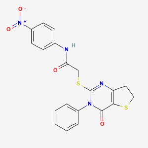 molecular formula C20H16N4O4S2 B2791101 N-(4-nitrophenyl)-2-[(4-oxo-3-phenyl-6,7-dihydrothieno[3,2-d]pyrimidin-2-yl)sulfanyl]acetamide CAS No. 686770-65-0