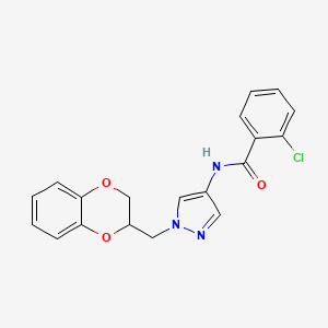 molecular formula C19H16ClN3O3 B2791117 2-chloro-N-(1-((2,3-dihydrobenzo[b][1,4]dioxin-2-yl)methyl)-1H-pyrazol-4-yl)benzamide CAS No. 1797721-83-5