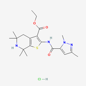 molecular formula C20H29ClN4O3S B2791792 ethyl 2-(1,3-dimethyl-1H-pyrazole-5-amido)-5,5,7,7-tetramethyl-4H,5H,6H,7H-thieno[2,3-c]pyridine-3-carboxylate hydrochloride CAS No. 1330300-99-6