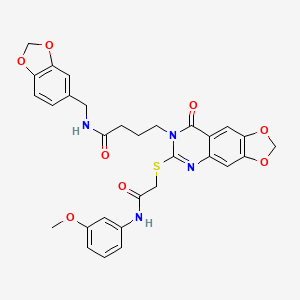 molecular formula C30H28N4O8S B2791793 N-[(2H-1,3-benzodioxol-5-yl)methyl]-4-[6-({[(3-methoxyphenyl)carbamoyl]methyl}sulfanyl)-8-oxo-2H,7H,8H-[1,3]dioxolo[4,5-g]quinazolin-7-yl]butanamide CAS No. 688060-34-6