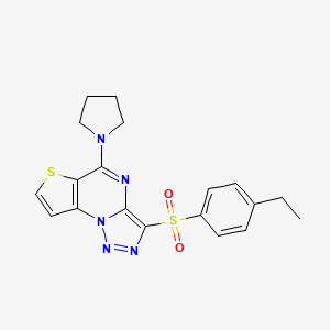 molecular formula C19H19N5O2S2 B2791945 3-((4-Ethylphenyl)sulfonyl)-5-(pyrrolidin-1-yl)thieno[2,3-e][1,2,3]triazolo[1,5-a]pyrimidine CAS No. 892742-64-2