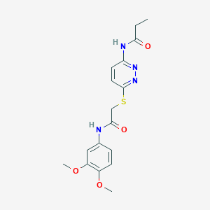 molecular formula C17H20N4O4S B2792094 N-(6-((2-((3,4-dimethoxyphenyl)amino)-2-oxoethyl)thio)pyridazin-3-yl)propionamide CAS No. 1021135-62-5