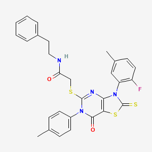 2-((3-(2-fluoro-5-methylphenyl)-7-oxo-2-thioxo-6-(p-tolyl)-2,3,6,7-tetrahydrothiazolo[4,5-d]pyrimidin-5-yl)thio)-N-phenethylacetamide