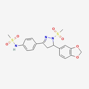 molecular formula C18H19N3O6S2 B2792406 N-[4-[3-(1,3-benzodioxol-5-yl)-2-methylsulfonyl-3,4-dihydropyrazol-5-yl]phenyl]methanesulfonamide CAS No. 710987-29-4