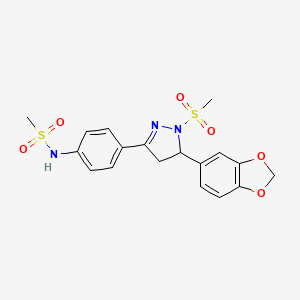 molecular formula C18H19N3O6S2 B2792406 N-{4-[5-(2H-1,3-benzodioxol-5-yl)-1-methanesulfonyl-4,5-dihydro-1H-pyrazol-3-yl]phenyl}methanesulfonamide CAS No. 710987-29-4