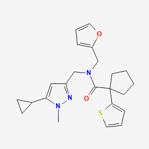 molecular formula C23H27N3O2S B2792412 N-((5-cyclopropyl-1-methyl-1H-pyrazol-3-yl)methyl)-N-(furan-2-ylmethyl)-1-(thiophen-2-yl)cyclopentanecarboxamide CAS No. 1788682-12-1