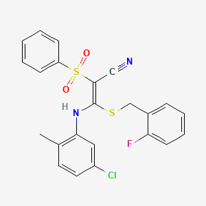 (E)-3-((5-chloro-2-methylphenyl)amino)-3-((2-fluorobenzyl)thio)-2-(phenylsulfonyl)acrylonitrile