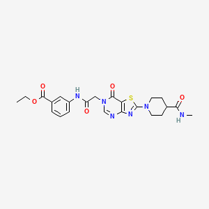 molecular formula C23H26N6O5S B2792428 ethyl 3-(2-{2-[4-(methylcarbamoyl)piperidin-1-yl]-7-oxo-6H,7H-[1,3]thiazolo[4,5-d]pyrimidin-6-yl}acetamido)benzoate CAS No. 1251613-12-3