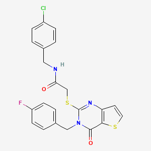 molecular formula C22H17ClFN3O2S2 B2792432 N-[(4-chlorophenyl)methyl]-2-({3-[(4-fluorophenyl)methyl]-4-oxo-3H,4H-thieno[3,2-d]pyrimidin-2-yl}sulfanyl)acetamide CAS No. 894243-30-2