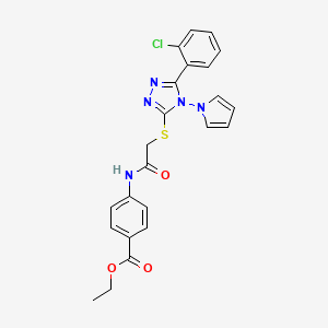molecular formula C23H20ClN5O3S B2792504 ethyl 4-(2-{[5-(2-chlorophenyl)-4-(1H-pyrrol-1-yl)-4H-1,2,4-triazol-3-yl]sulfanyl}acetamido)benzoate CAS No. 886929-87-9