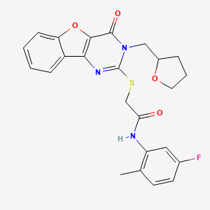 molecular formula C24H22FN3O4S B2792568 N-(5-fluoro-2-methylphenyl)-2-({6-oxo-5-[(oxolan-2-yl)methyl]-8-oxa-3,5-diazatricyclo[7.4.0.0^{2,7}]trideca-1(9),2(7),3,10,12-pentaen-4-yl}sulfanyl)acetamide CAS No. 899754-91-7