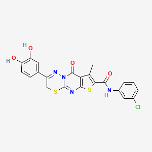 molecular formula C22H15ClN4O4S2 B2792590 N-(3-chlorophenyl)-12-(3,4-dihydroxyphenyl)-4-methyl-2-oxo-6,10-dithia-1,8,13-triazatricyclo[7.4.0.03,7]trideca-3(7),4,8,12-tetraene-5-carboxamide CAS No. 866842-56-0
