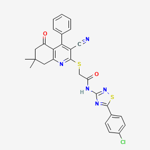 molecular formula C28H22ClN5O2S2 B2792660 N-[5-(4-chlorophenyl)-1,2,4-thiadiazol-3-yl]-2-[(3-cyano-7,7-dimethyl-5-oxo-4-phenyl-5,6,7,8-tetrahydroquinolin-2-yl)sulfanyl]acetamide CAS No. 690642-67-2