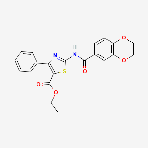 molecular formula C21H18N2O5S B2792864 Ethyl 2-(2,3-dihydrobenzo[b][1,4]dioxine-6-carboxamido)-4-phenylthiazole-5-carboxylate CAS No. 477554-69-1