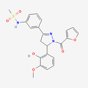 molecular formula C22H21N3O6S B2792916 N-{3-[1-(呋喃-2-甲酰)-5-(2-羟基-3-甲氧基苯基)-4,5-二氢-1H-嘧啶-3-基]苯基}甲烷磺酰胺 CAS No. 923243-93-0