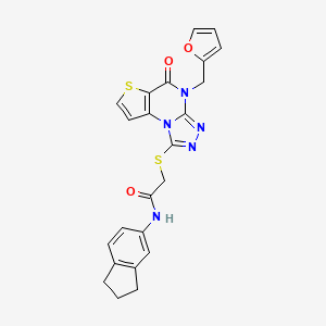 molecular formula C23H19N5O3S2 B2792962 N-(2,3-dihydro-1H-inden-5-yl)-2-((4-(furan-2-ylmethyl)-5-oxo-4,5-dihydrothieno[2,3-e][1,2,4]triazolo[4,3-a]pyrimidin-1-yl)thio)acetamide CAS No. 1243093-94-8