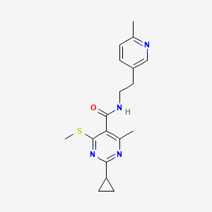 molecular formula C18H22N4OS B2793547 2-Cyclopropyl-4-methyl-N-[2-(6-methylpyridin-3-yl)ethyl]-6-methylsulfanylpyrimidine-5-carboxamide CAS No. 1436111-42-0