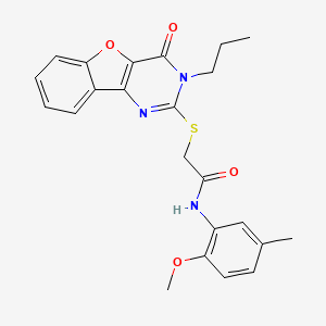 molecular formula C23H23N3O4S B2793613 N-(2-methoxy-5-methylphenyl)-2-({6-oxo-5-propyl-8-oxa-3,5-diazatricyclo[7.4.0.0^{2,7}]trideca-1(9),2(7),3,10,12-pentaen-4-yl}sulfanyl)acetamide CAS No. 899756-09-3