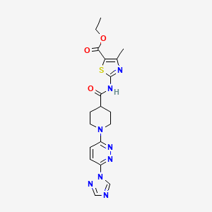 molecular formula C19H22N8O3S B2793782 ethyl 2-(1-(6-(1H-1,2,4-triazol-1-yl)pyridazin-3-yl)piperidine-4-carboxamido)-4-methylthiazole-5-carboxylate CAS No. 1706342-76-8