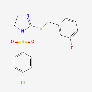 molecular formula C16H14ClFN2O2S2 B2794121 1-(4-Chlorophenyl)sulfonyl-2-[(3-fluorophenyl)methylsulfanyl]-4,5-dihydroimidazole CAS No. 868216-73-3