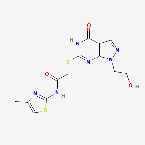 molecular formula C13H14N6O3S2 B2794128 2-((1-(2-hydroxyethyl)-4-oxo-4,5-dihydro-1H-pyrazolo[3,4-d]pyrimidin-6-yl)thio)-N-(4-methylthiazol-2-yl)acetamide CAS No. 946255-10-3