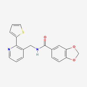 molecular formula C18H14N2O3S B2794330 N-((2-(thiophen-2-yl)pyridin-3-yl)methyl)benzo[d][1,3]dioxole-5-carboxamide CAS No. 2034206-94-3