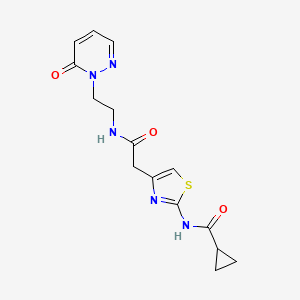 molecular formula C15H17N5O3S B2794413 N-(4-(2-oxo-2-((2-(6-oxopyridazin-1(6H)-yl)ethyl)amino)ethyl)thiazol-2-yl)cyclopropanecarboxamide CAS No. 1207032-78-7