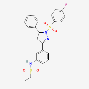 molecular formula C23H22FN3O4S2 B2794495 N-{3-[1-(4-fluorobenzenesulfonyl)-5-phenyl-4,5-dihydro-1H-pyrazol-3-yl]phenyl}ethane-1-sulfonamide CAS No. 851783-26-1