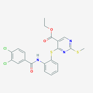 molecular formula C21H17Cl2N3O3S2 B2794564 Ethyl 4-({2-[(3,4-dichlorobenzoyl)amino]phenyl}sulfanyl)-2-(methylsulfanyl)-5-pyrimidinecarboxylate CAS No. 439111-37-2