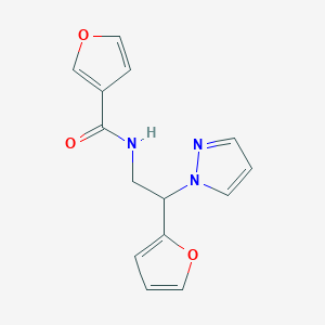 molecular formula C14H13N3O3 B2794609 N-(2-(furan-2-yl)-2-(1H-pyrazol-1-yl)ethyl)furan-3-carboxamide CAS No. 2034544-66-4