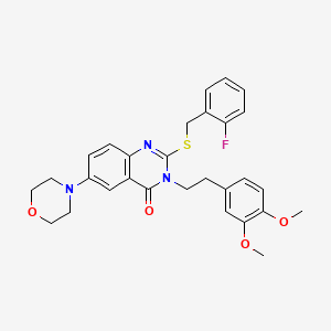 molecular formula C29H30FN3O4S B2794613 3-[2-(3,4-dimethoxyphenyl)ethyl]-2-{[(2-fluorophenyl)methyl]sulfanyl}-6-(morpholin-4-yl)-3,4-dihydroquinazolin-4-one CAS No. 689760-66-5
