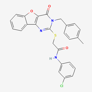 molecular formula C26H20ClN3O3S B2794837 N-(3-chlorophenyl)-2-({5-[(4-methylphenyl)methyl]-6-oxo-8-oxa-3,5-diazatricyclo[7.4.0.0^{2,7}]trideca-1(9),2(7),3,10,12-pentaen-4-yl}sulfanyl)acetamide CAS No. 866846-11-9