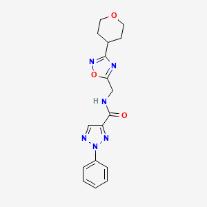 molecular formula C17H18N6O3 B2794846 2-phenyl-N-((3-(tetrahydro-2H-pyran-4-yl)-1,2,4-oxadiazol-5-yl)methyl)-2H-1,2,3-triazole-4-carboxamide CAS No. 2034423-32-8