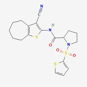 molecular formula C19H21N3O3S3 B2794856 N-(3-cyano-5,6,7,8-tetrahydro-4H-cyclohepta[b]thiophen-2-yl)-1-(thiophen-2-ylsulfonyl)pyrrolidine-2-carboxamide CAS No. 1098639-16-7